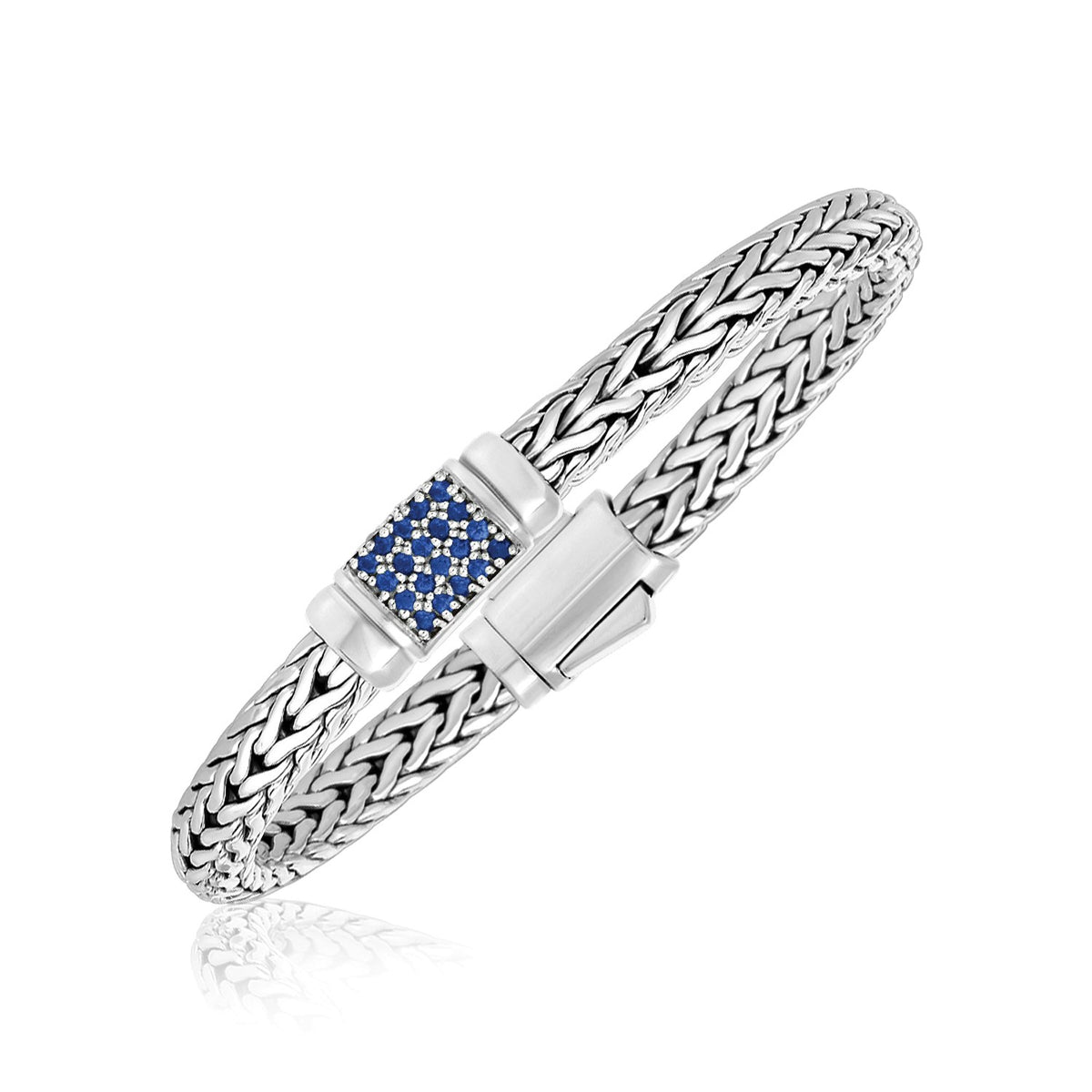 Weave Motif Bracelet with Blue Sapphire Embellishments - Sterling Silver 7.00mm