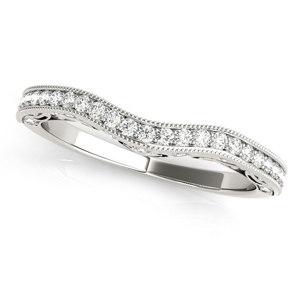 Milgrained Pave Set Curved Diamond Wedding Band 1/5 ct tw - 14k White Gold
