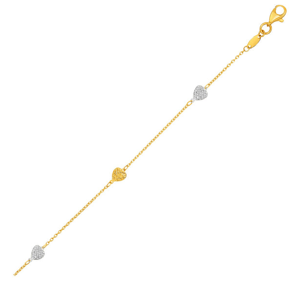 Textured Hearts Anklet - 14k White & Yellow Gold