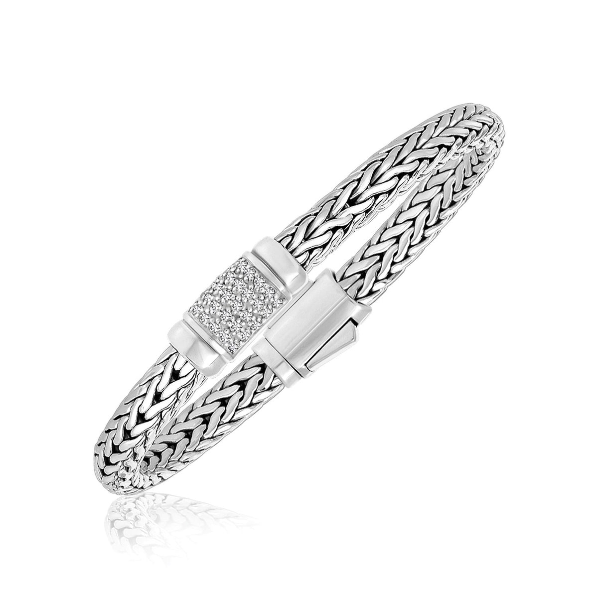 Weave Motif Bracelet with White Sapphire Accents - Sterling Silver 6.35mm