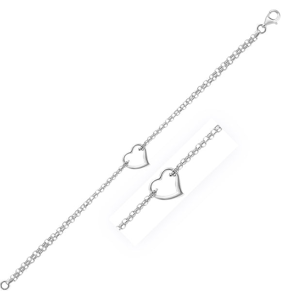 Cable Chain with Open Heart Station Anklet - 14k White Gold