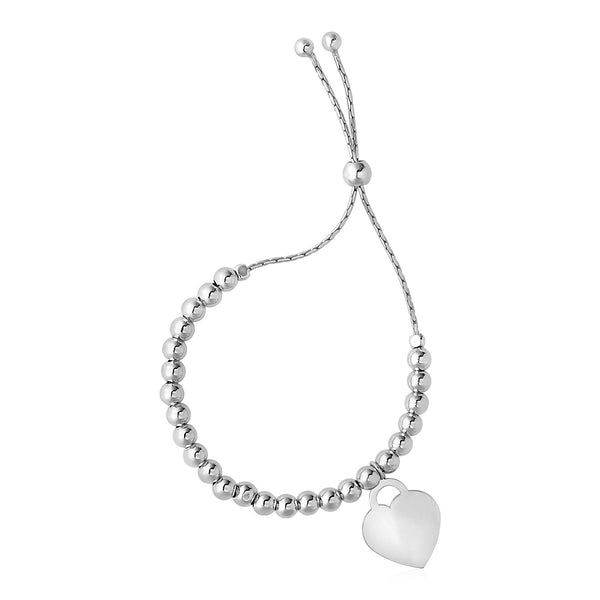Adjustable Shiny Bead Bracelet with Heart Charm - Sterling Silver 1.30mm