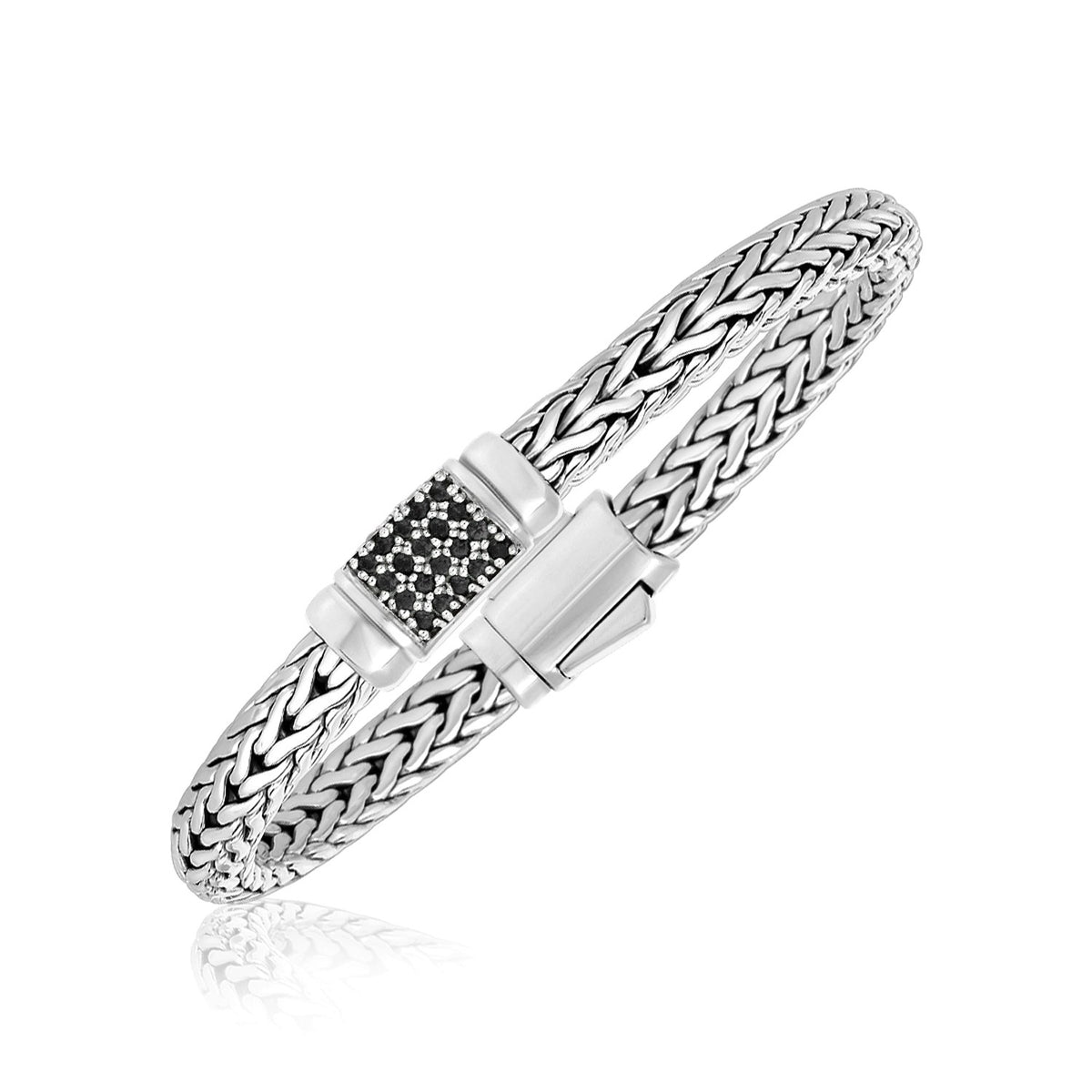 Weave Style Bracelet with Black Sapphire Accents - Sterling Silver 7.10mm
