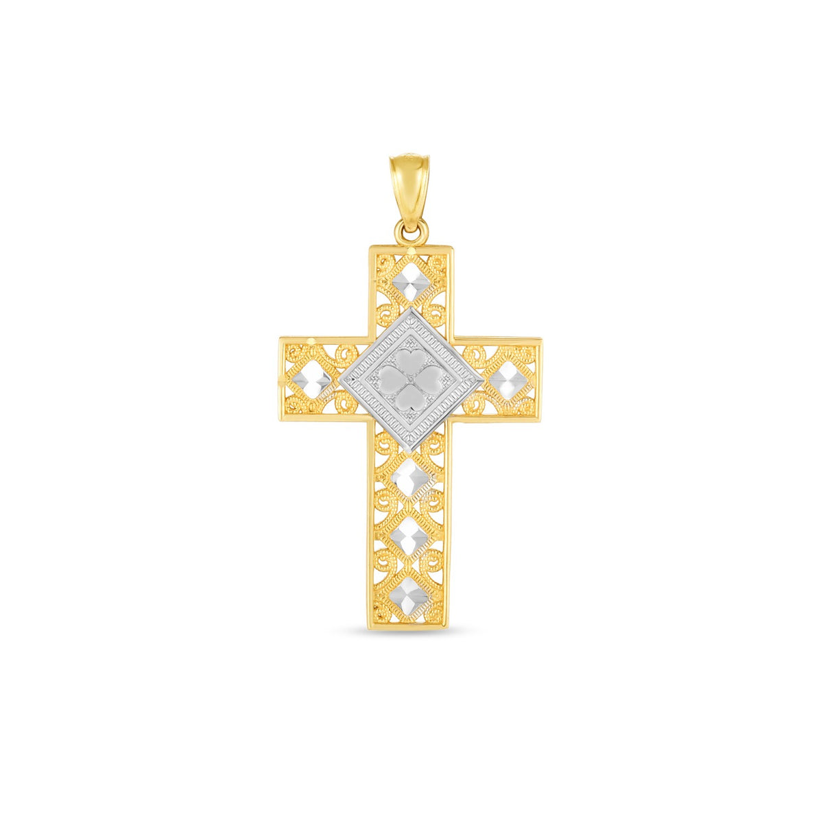 High Polish Diamond Cut Cross Pendant - 14k Two Tone Gold