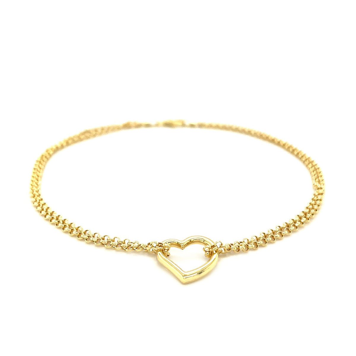 Double Rolo Chain Anklet with an Open Heart Station - 10k Yellow Gold