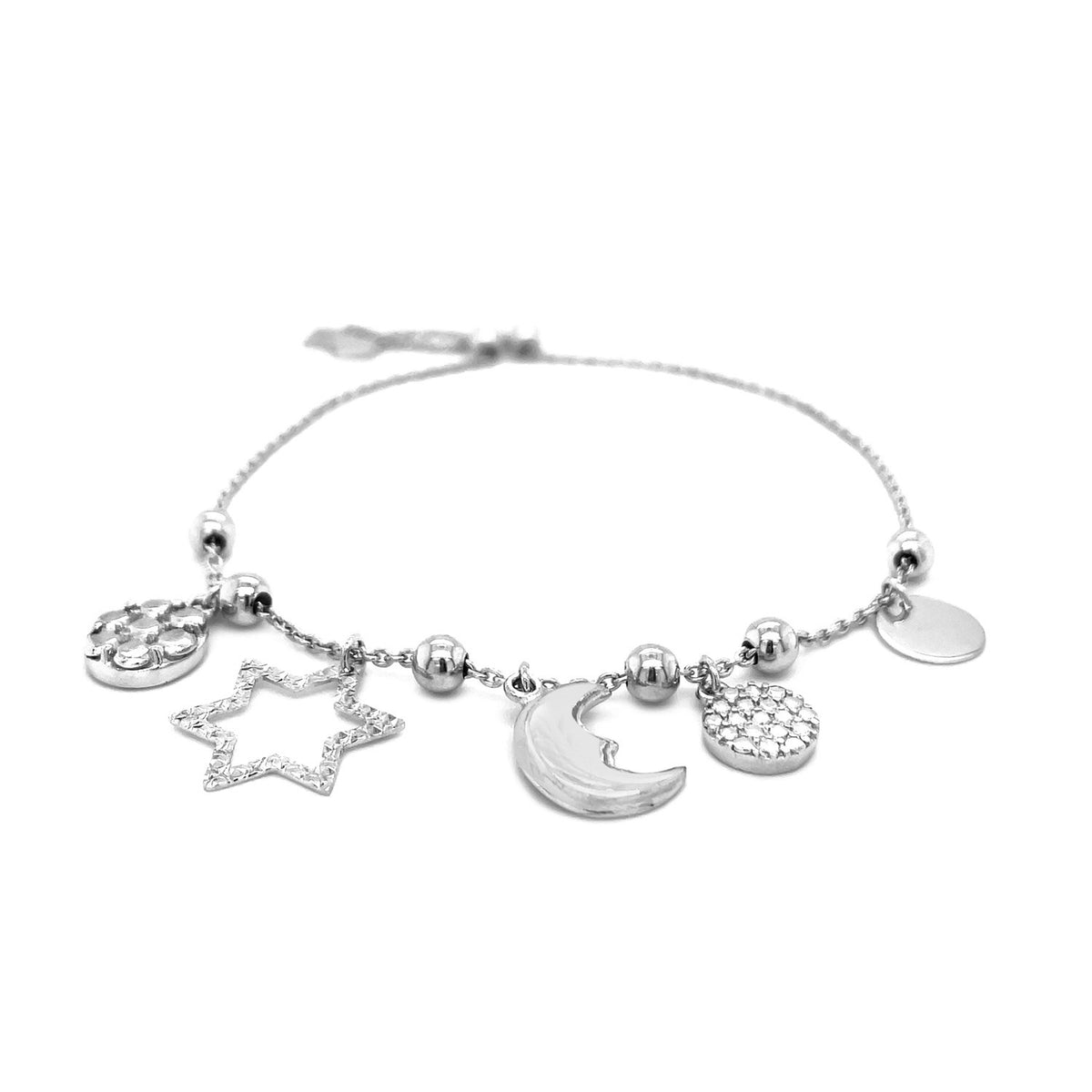 Adjustable Bead Bracelet with Celestial Charms - Sterling Silver