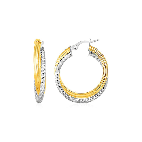 Two Part Textured and Shiny Hoop Earrings 4x20mm - 14k Yellow and White Gold