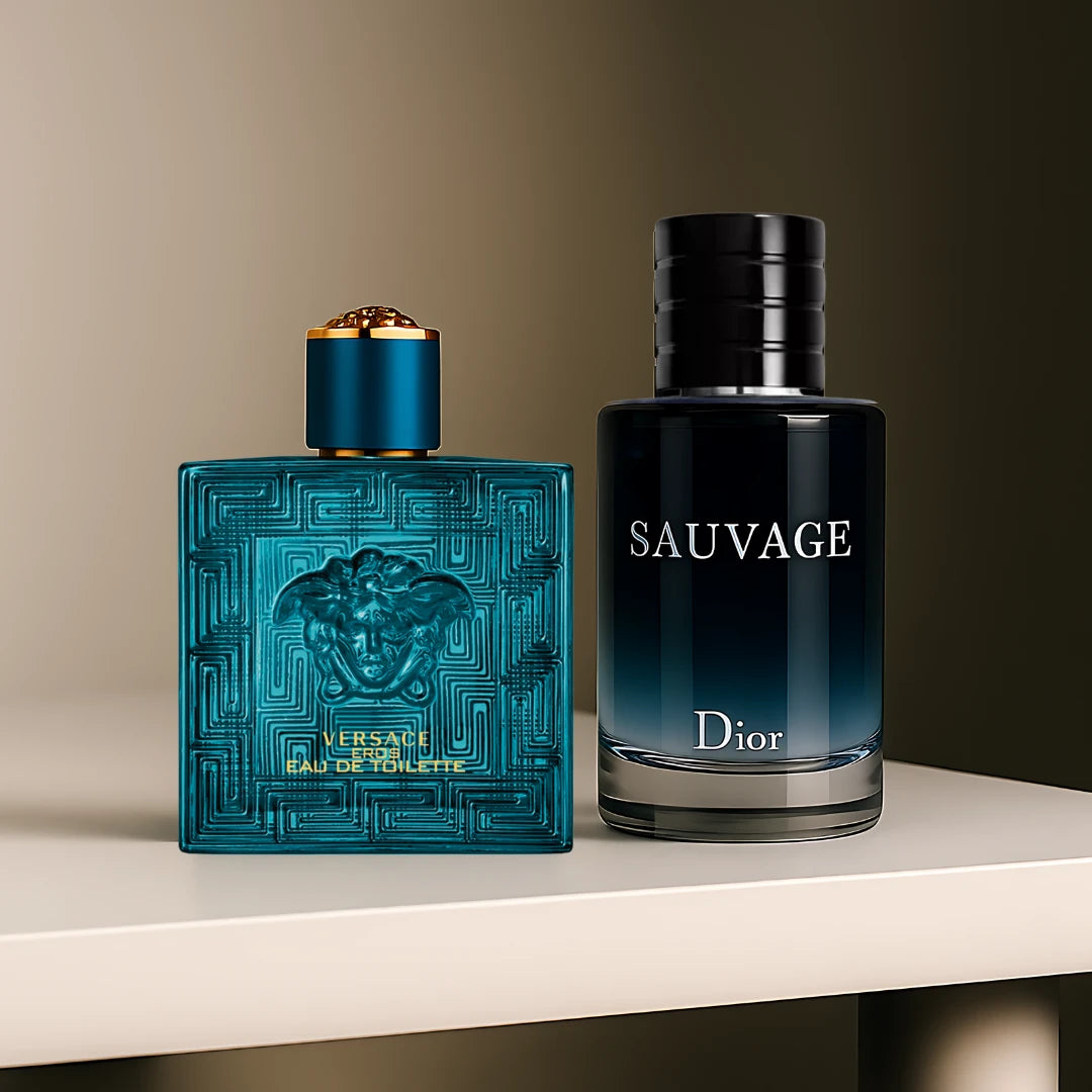 Two perfume bottles, one Versace Eros and one Dior Sauvage, on a white surface with a neutral background.