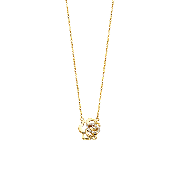 Flower with CZ Necklace - 14k Yellow Gold