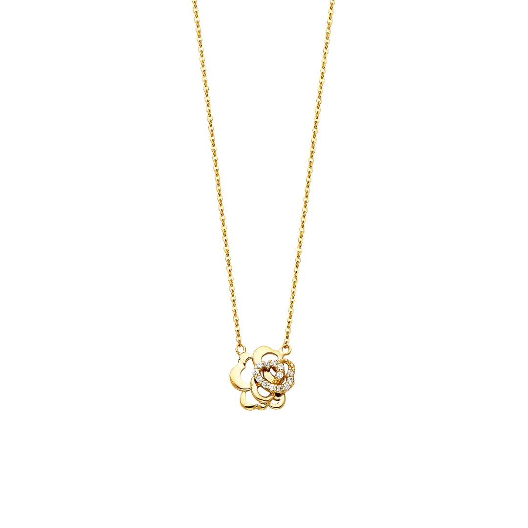 Flower with CZ Necklace - 14k Yellow Gold