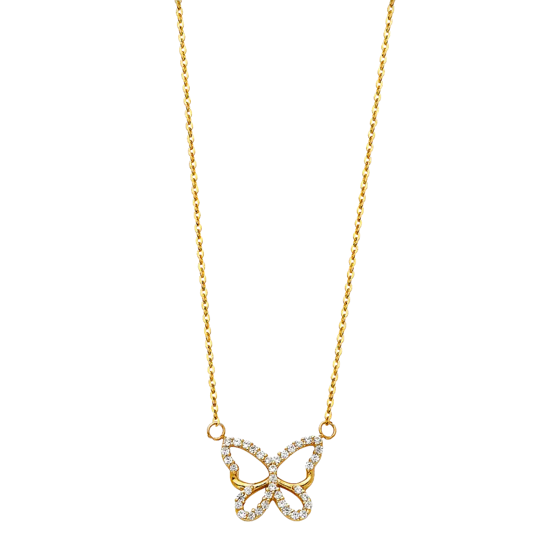 Butterfly with CZ Necklace - 14k Yellow Gold 