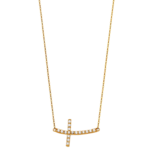 Side Way Cross CZ Necklace - 14k Yellow Gold