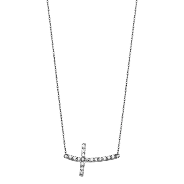 Side Way Cross CZ Necklace - 14k White Gold