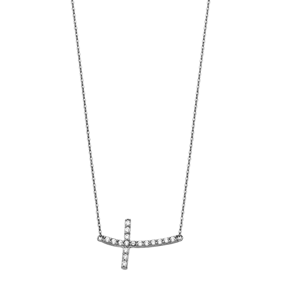 Side Way Cross CZ Necklace - 14k White Gold