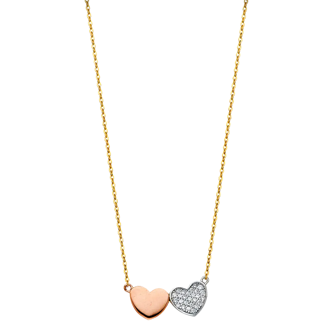 Two Heart with CZ Necklace - 14k Tri Color Gold