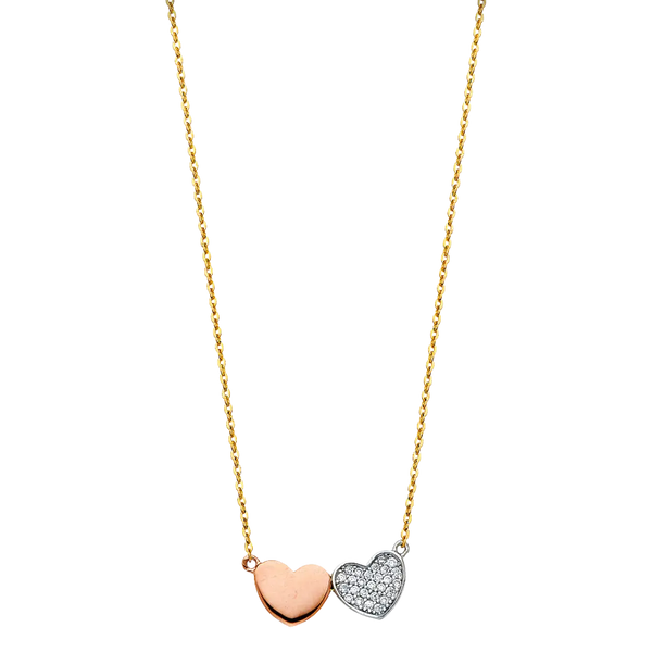 Two Heart with CZ Necklace - 14k Tri Color Gold