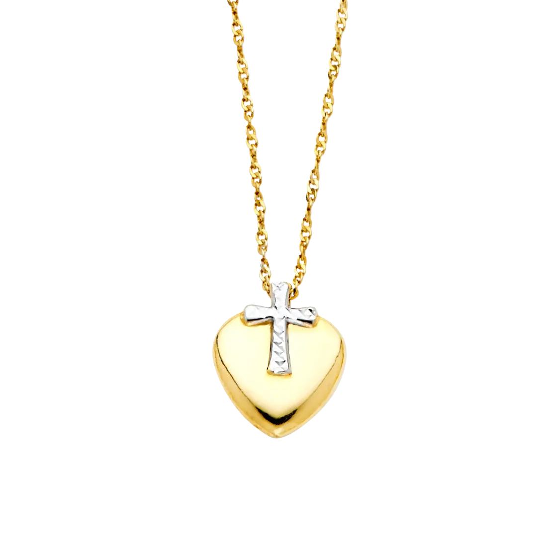 Cross with Heart Necklace - 14k Two Tone Gold