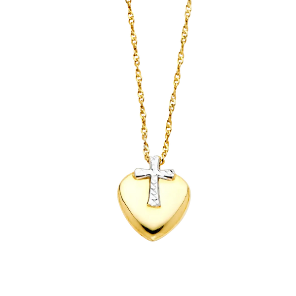 Cross with Heart Necklace - 14k Two Tone Gold