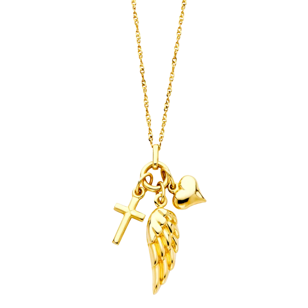 Cross + Heart + Wing Necklace - 14k Yellow Gold