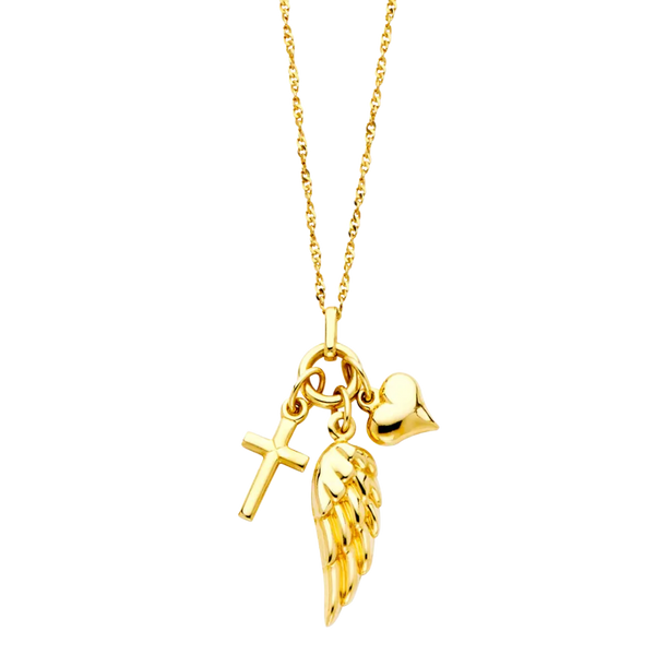 Cross + Heart + Wing Necklace - 14k Yellow Gold