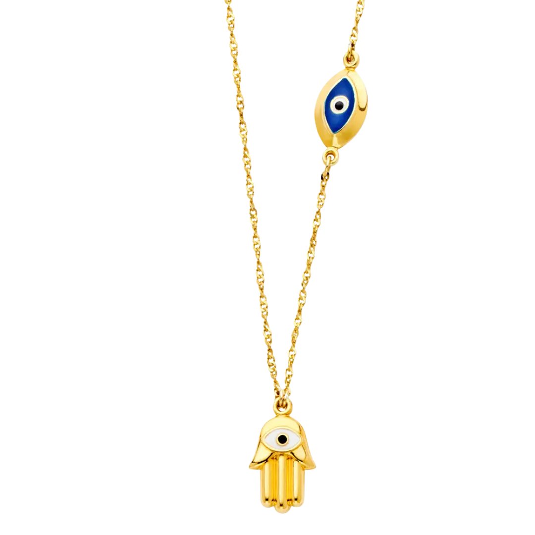 Hamsa with Evil Eye Necklace - 14k Yellow Gold