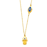 Hamsa with Evil Eye Necklace - 14k Yellow Gold