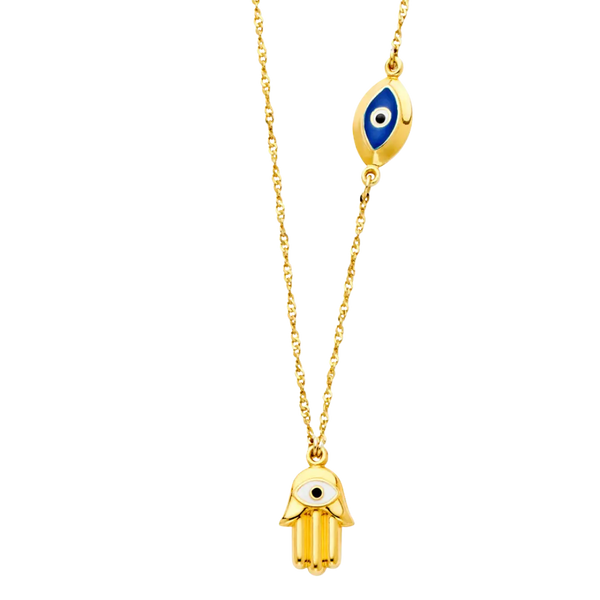 Hamsa with Evil Eye Necklace - 14k Yellow Gold