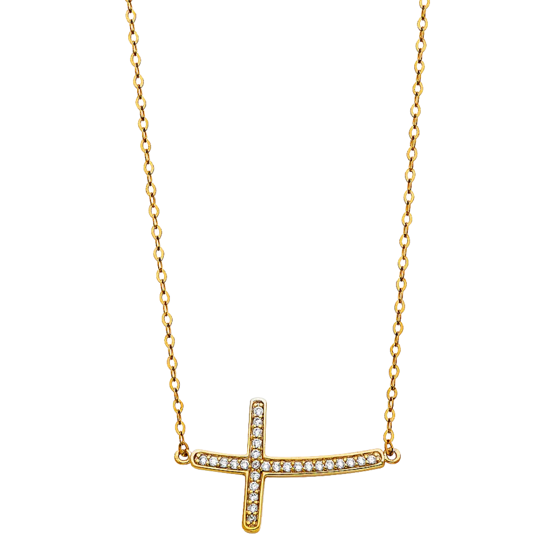 Side Way Cross CZ Necklace - 14k Yellow Gold