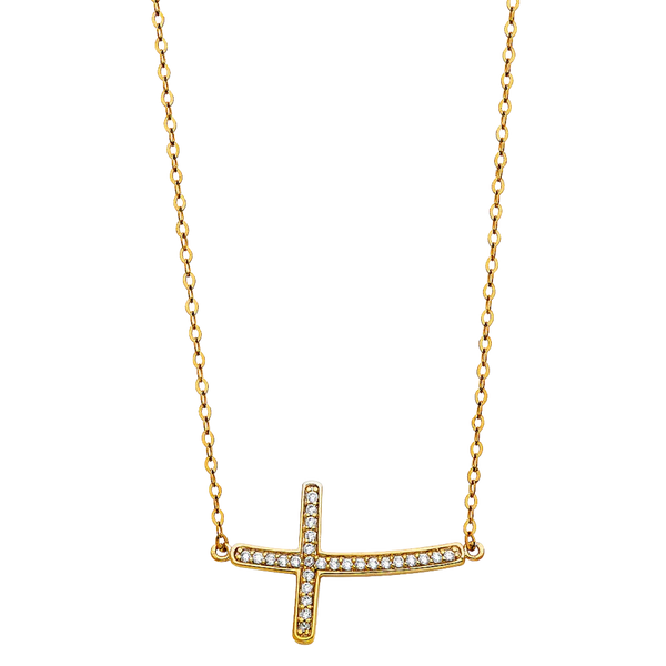 Side Way Cross CZ Necklace - 14k Yellow Gold