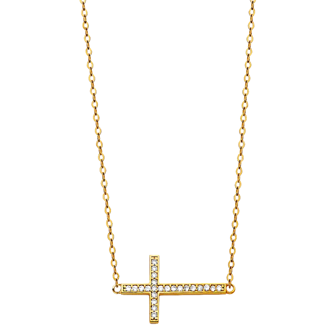 Side Way Cross CZ Necklace - 14k Yellow Gold