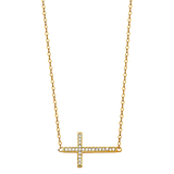 Side Way Cross CZ Necklace - 14k Yellow Gold