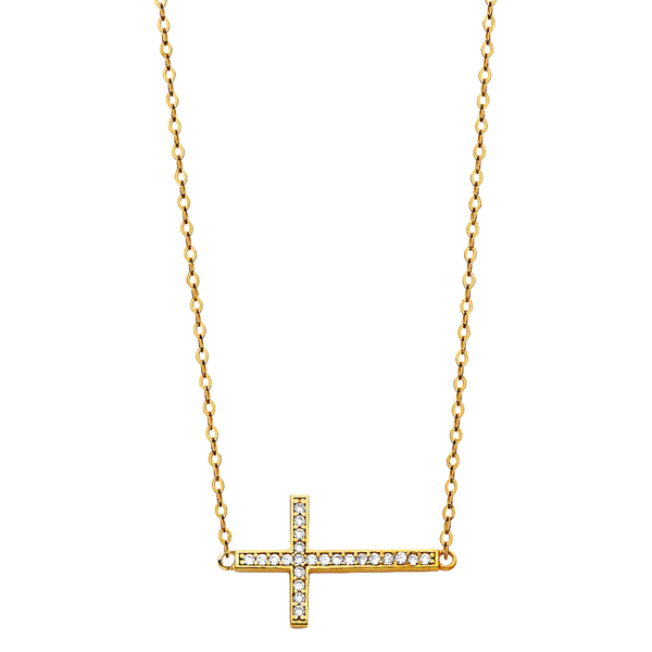 Side Way Cross CZ Necklace - 14k Yellow Gold