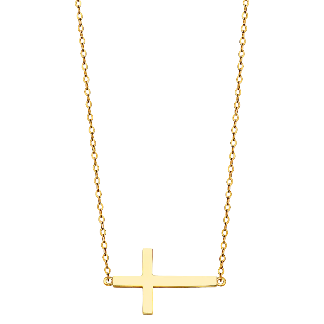 Side Way Cross Necklace - 14k Yellow Gold