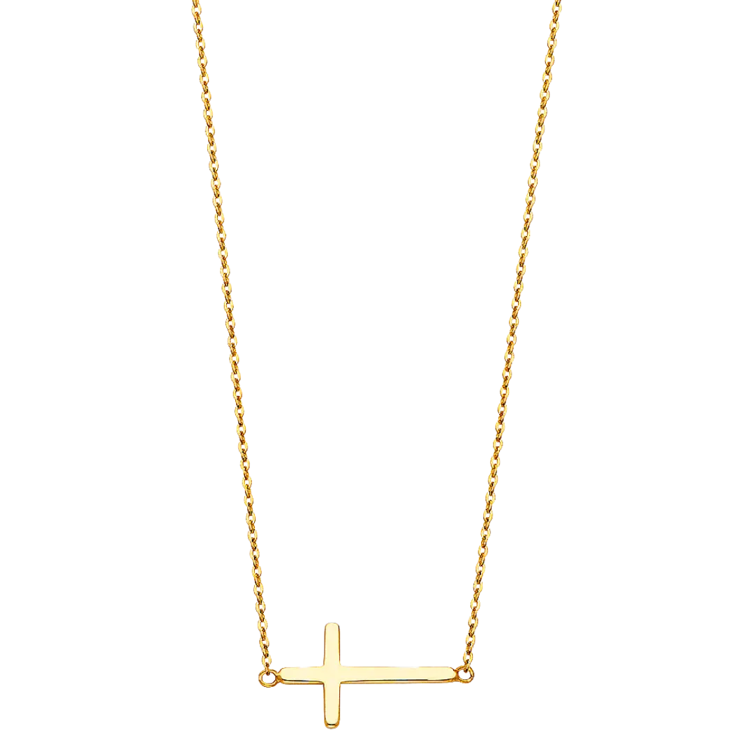 Side Way Cross Necklace - 14k Yellow Gold