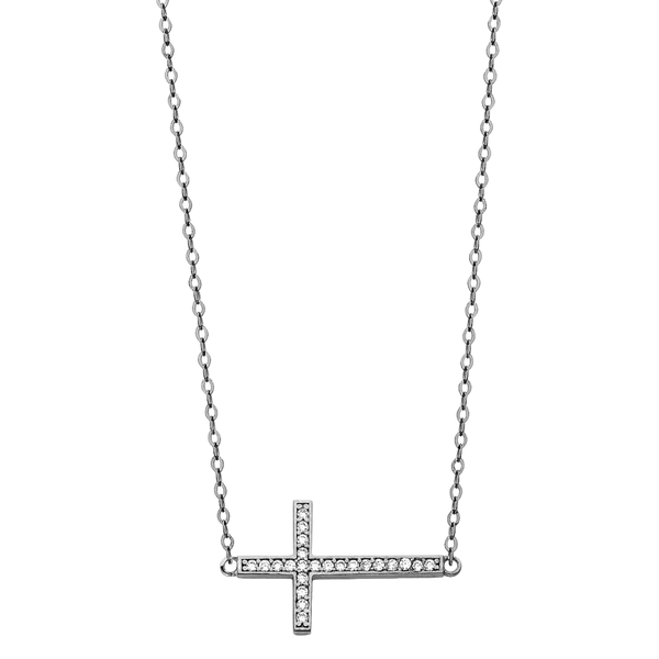 Side Way Cross CZ Necklace - 14k White Gold