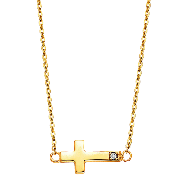 Side Way Cross CZ Necklace - 14k Yellow Gold