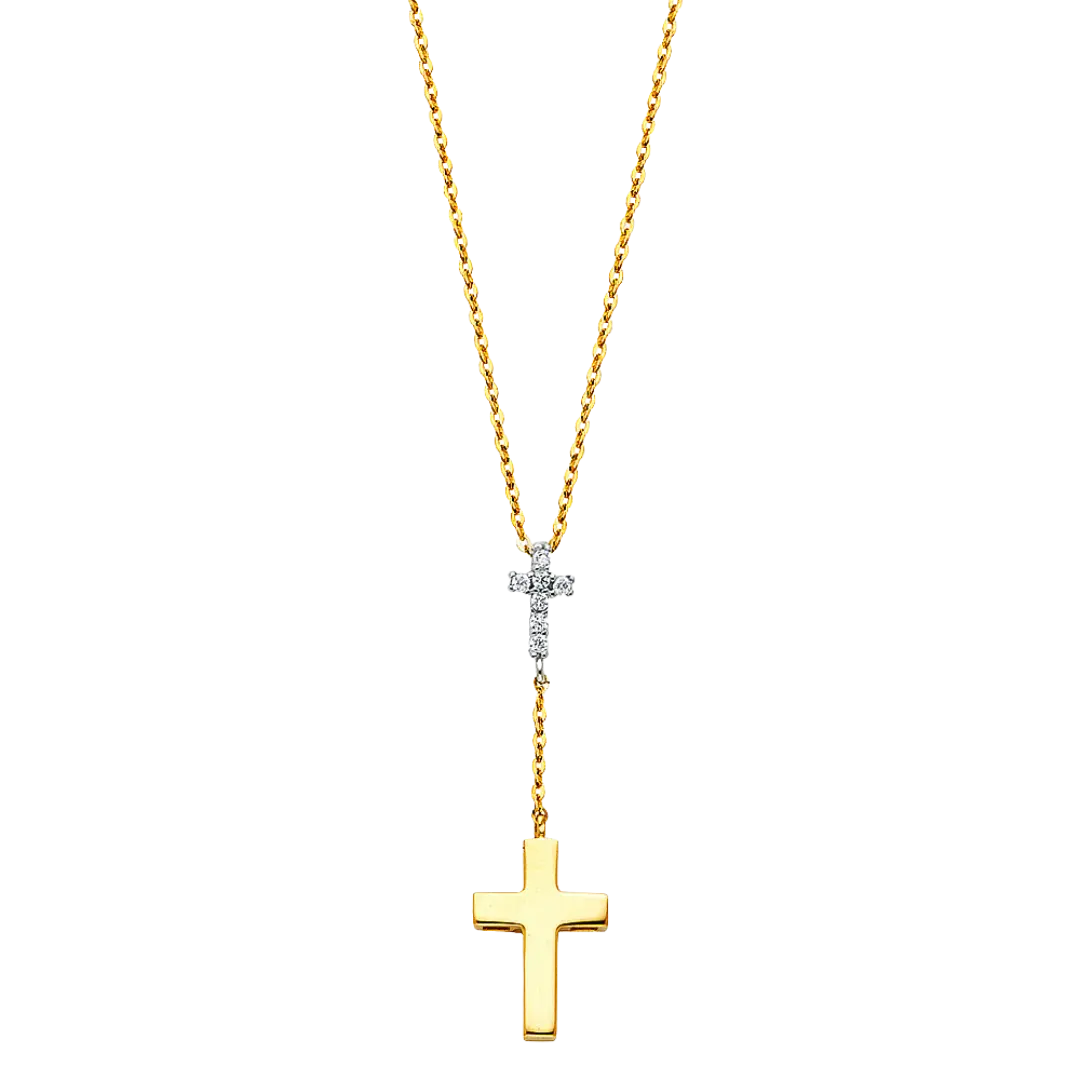 Cross with CZ Necklace - 14k Two Tone Gold