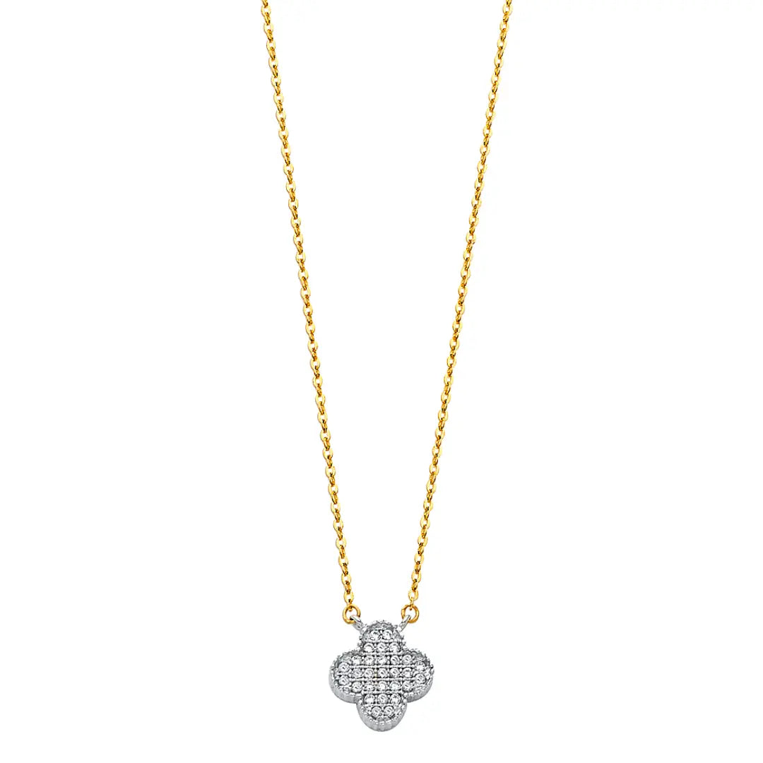 Clover with CZ Neecklace - 14k Two Tone Gold