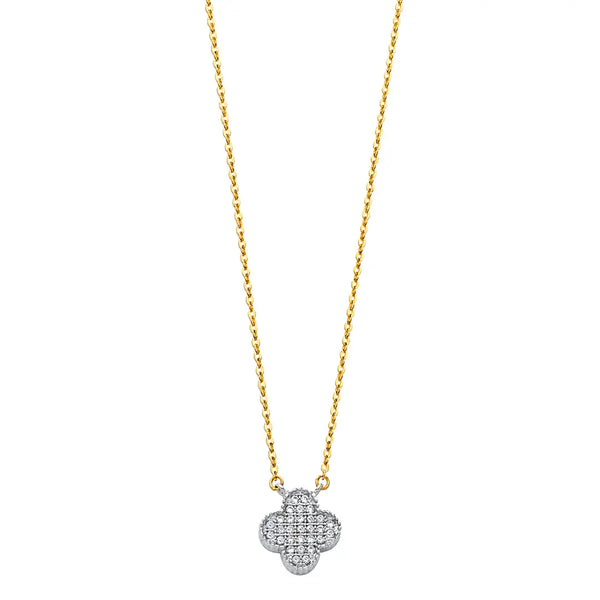 Clover with CZ Neecklace - 14k Two Tone Gold