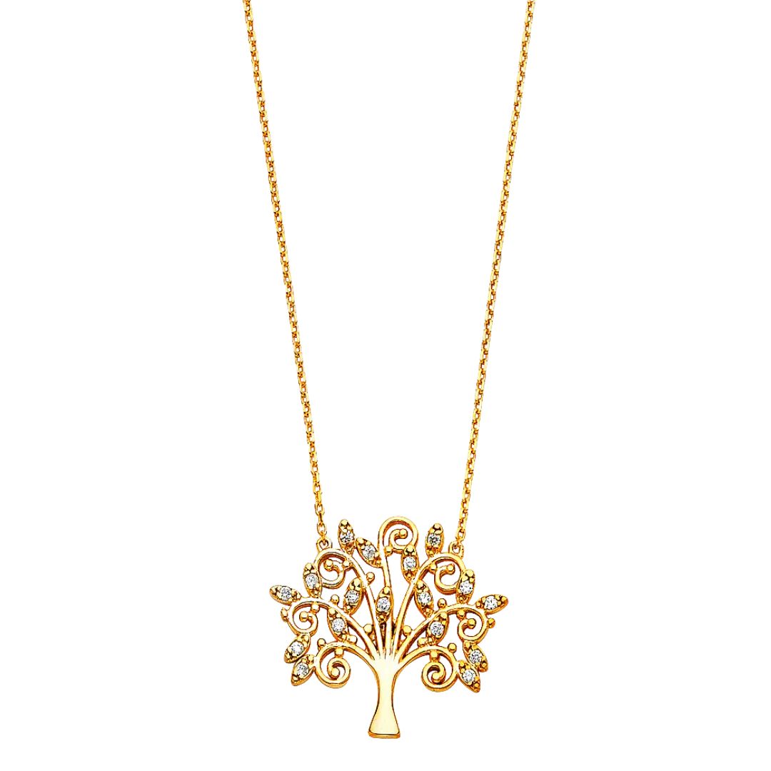 Tree with CZ Necklace - 14k Yellow Gold