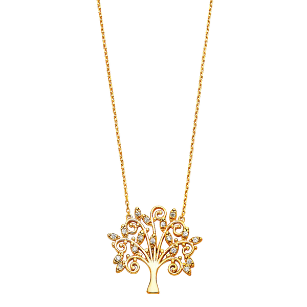 Tree with CZ Necklace - 14k Yellow Gold