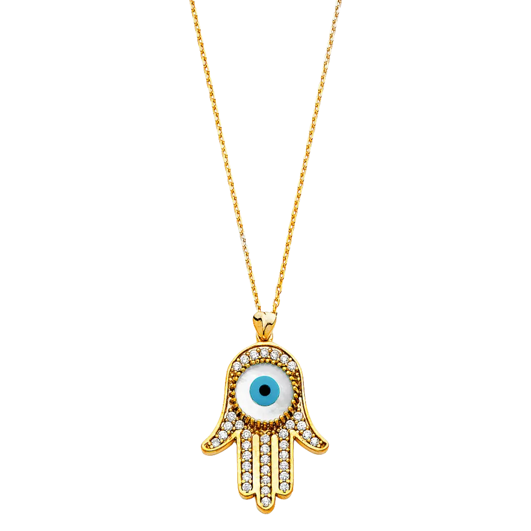 Hamsa with Evil Eye Necklace - 14k Yellow Gold