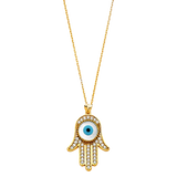 Hamsa with Evil Eye Necklace - 14k Yellow Gold