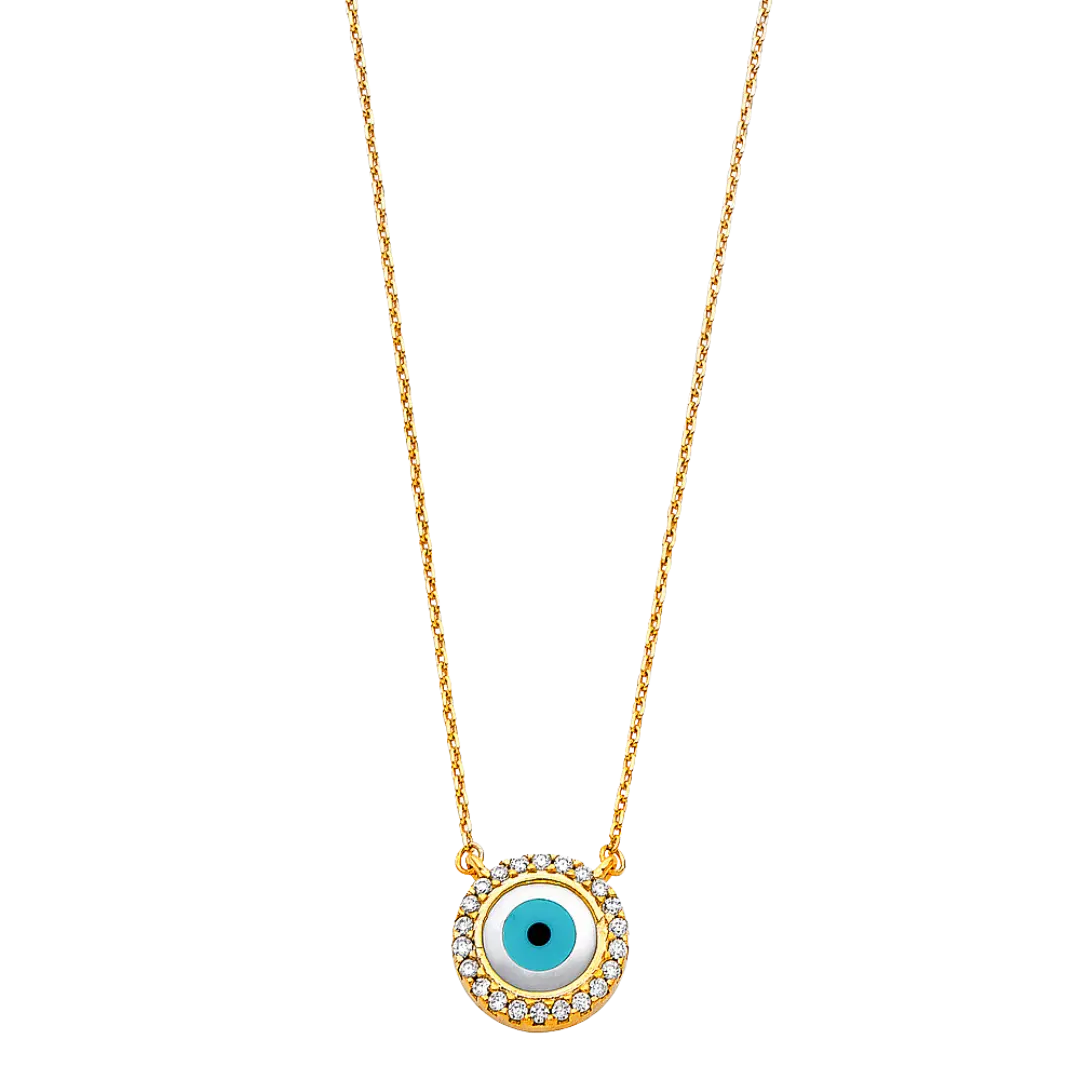 Evil Eye with CZ Necklace - 14k Yellow Gold