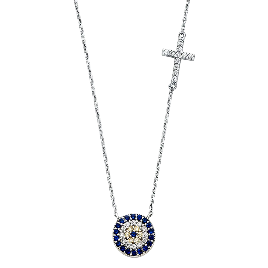 Evil Eye with Cross Necklace - 14k White Gold