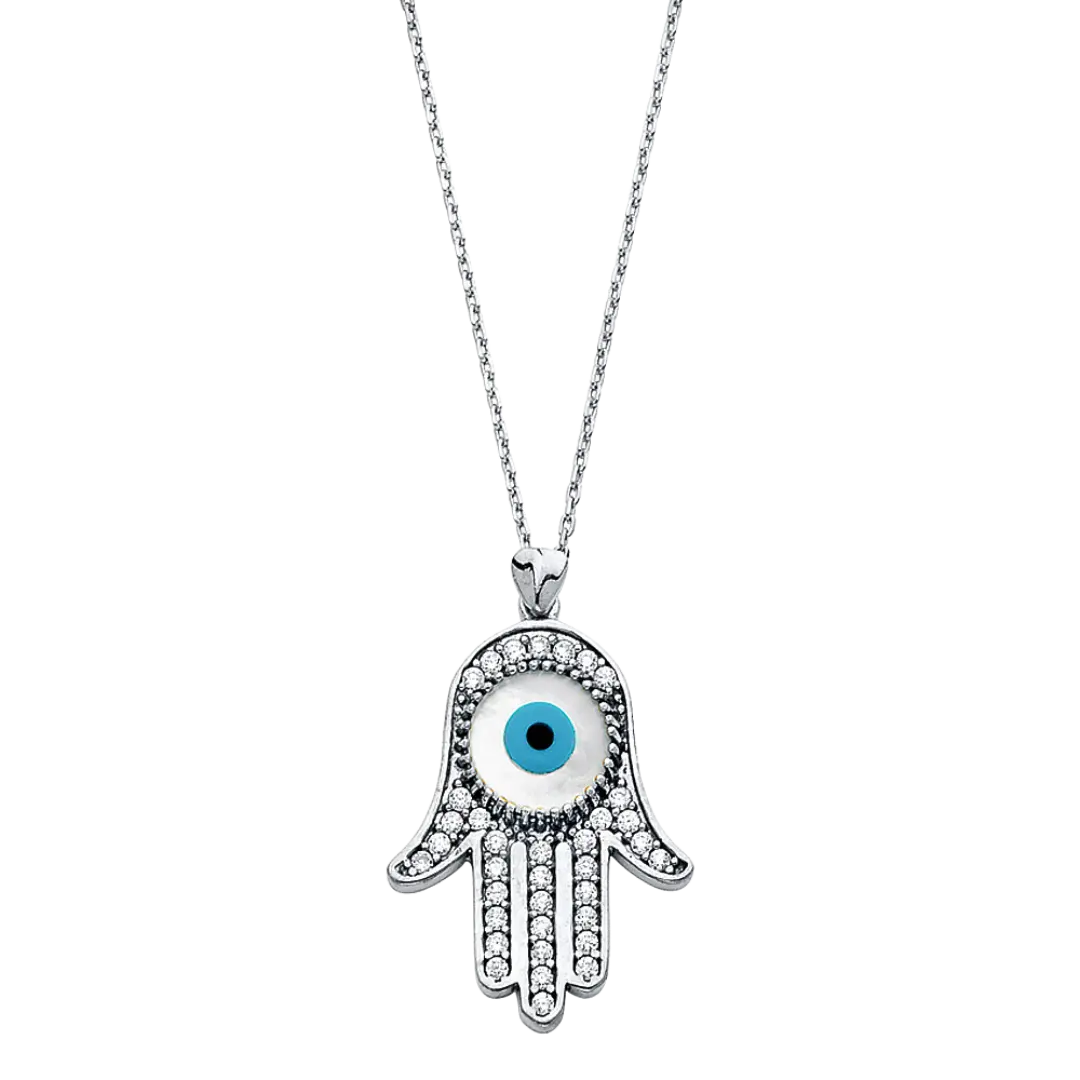 Evil Eye with Hamsa Necklace - 14k White Gold