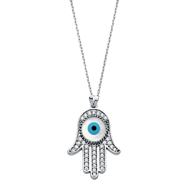 Evil Eye with Hamsa Necklace - 14k White Gold