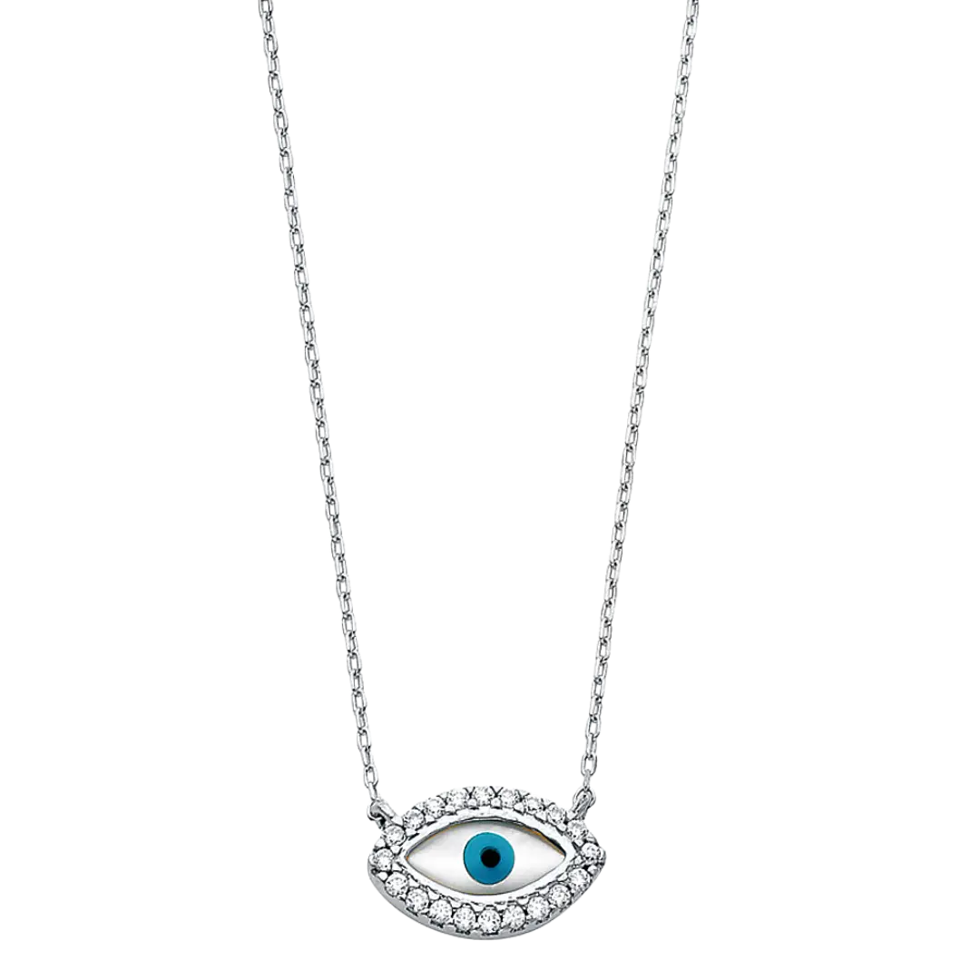 Evil Eye with CZ Necklace - 14k White Gold