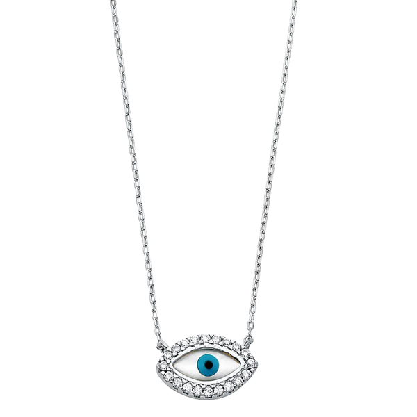 Evil Eye with CZ Necklace - 14k White Gold