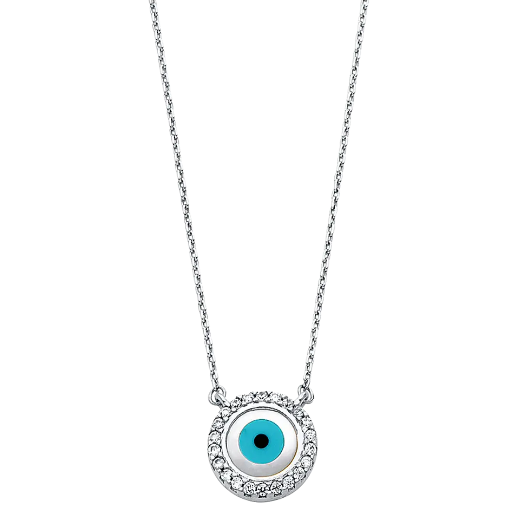 Evil Eye with CZ Necklace - 14k White Gold